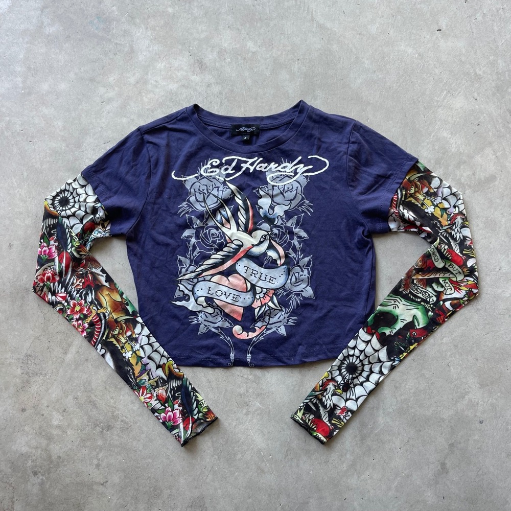 Ed‎ Hardy Womens Navy Tattoo Graphic Layered Mesh Long Sleeve Crop Top Small